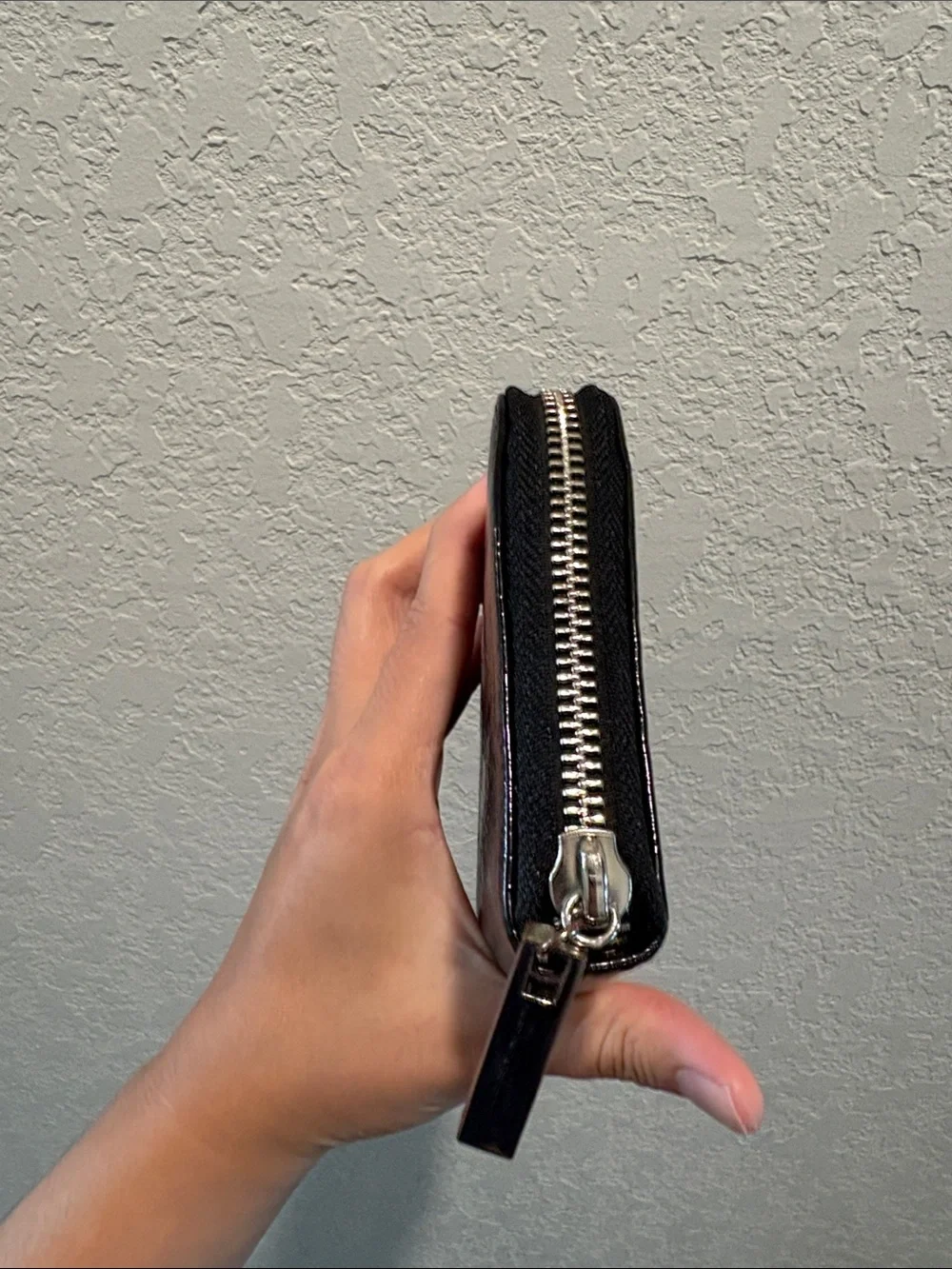 Tory Burch Black Patent Leather Zip-Around Wallet with Silver Logo Medallion